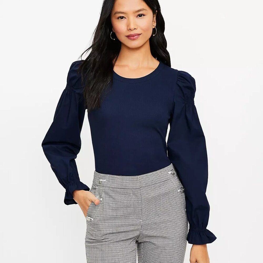 NWOT LOFT Ruffle Cuff Mixed Media Blouse, XS Petite